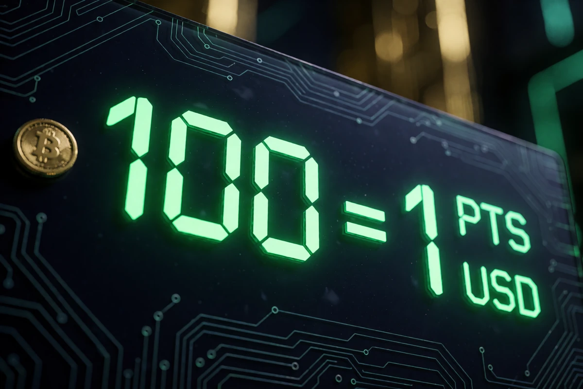 Neongr&uuml;ner digitaler Punktez&auml;hler zeigt das Einl&ouml;severh&auml;ltnis 100 Punkte gleich 1 Dollar im VIP Rakeback Programm