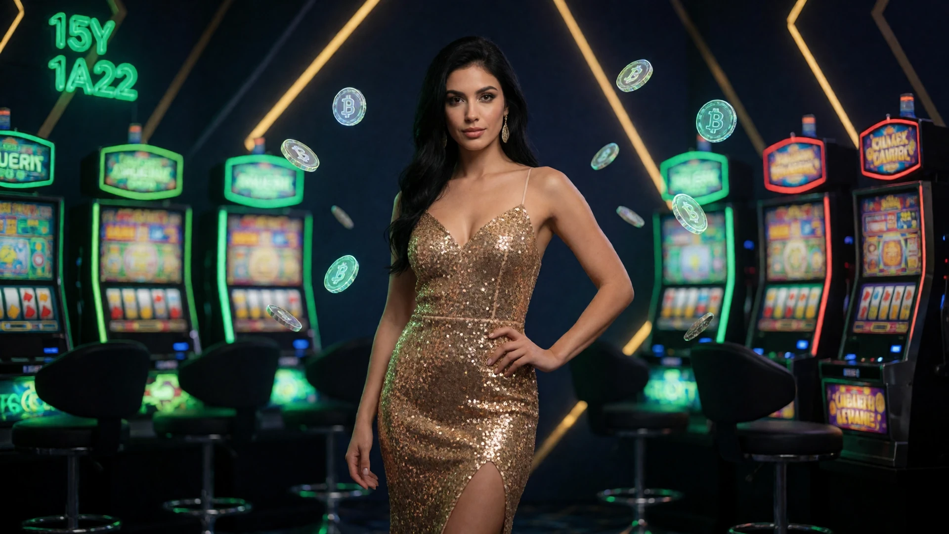 Frau in goldenem Paillettenkleid in neonbeleuchteter Casino-Lounge - Krypto Casino Atmosph&auml;re bei Jack Casino
