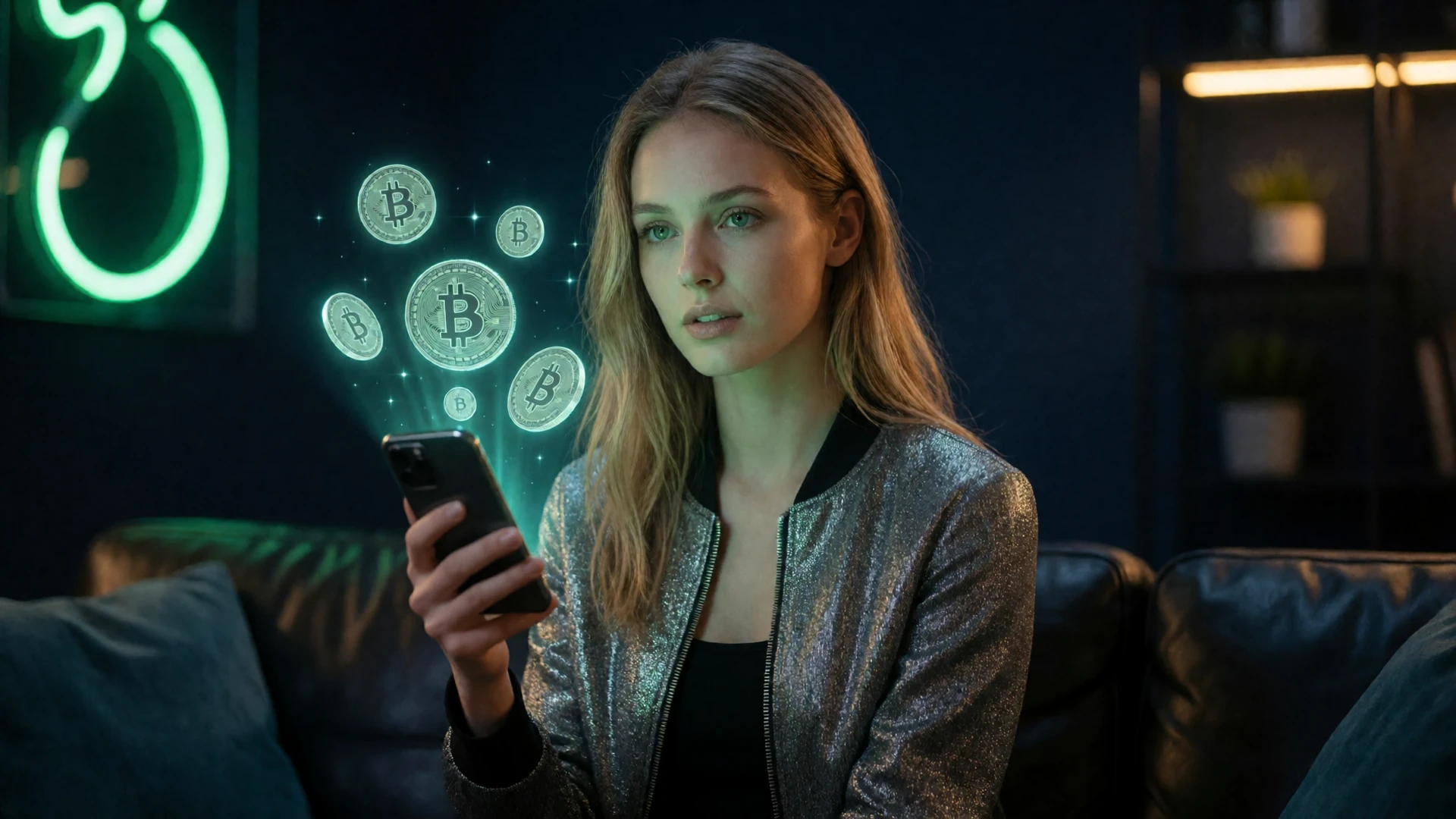 Blonde Frau in silberner Jacke mit Smartphone und Crypto-Wallet - Krypto Einzahlung im Bitcoin Casino Jack