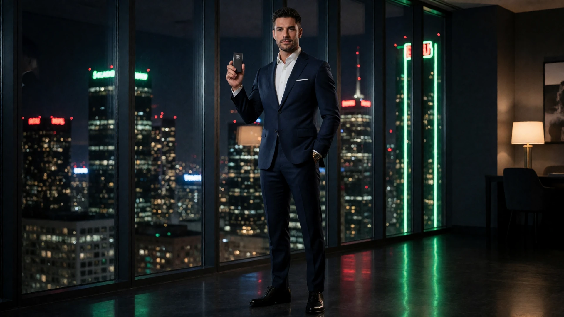 Mann im dunklen Ma&szlig;anzug mit goldener Uhr und Hardware-Wallet im VIP-Bereich - Jack Casino VIP Rakeback Programm